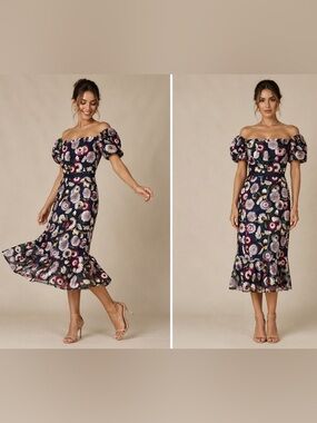 NEW Sam Edelman Helium Floral Embroidered Midi Dress Puff Sleeve Navy Size 10